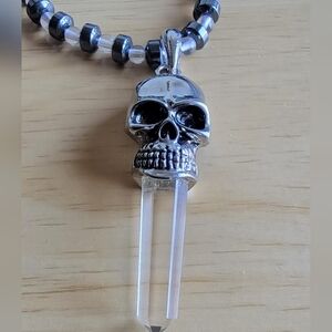 Skull Pendant with Crystal And Hematite Beaded Necklace